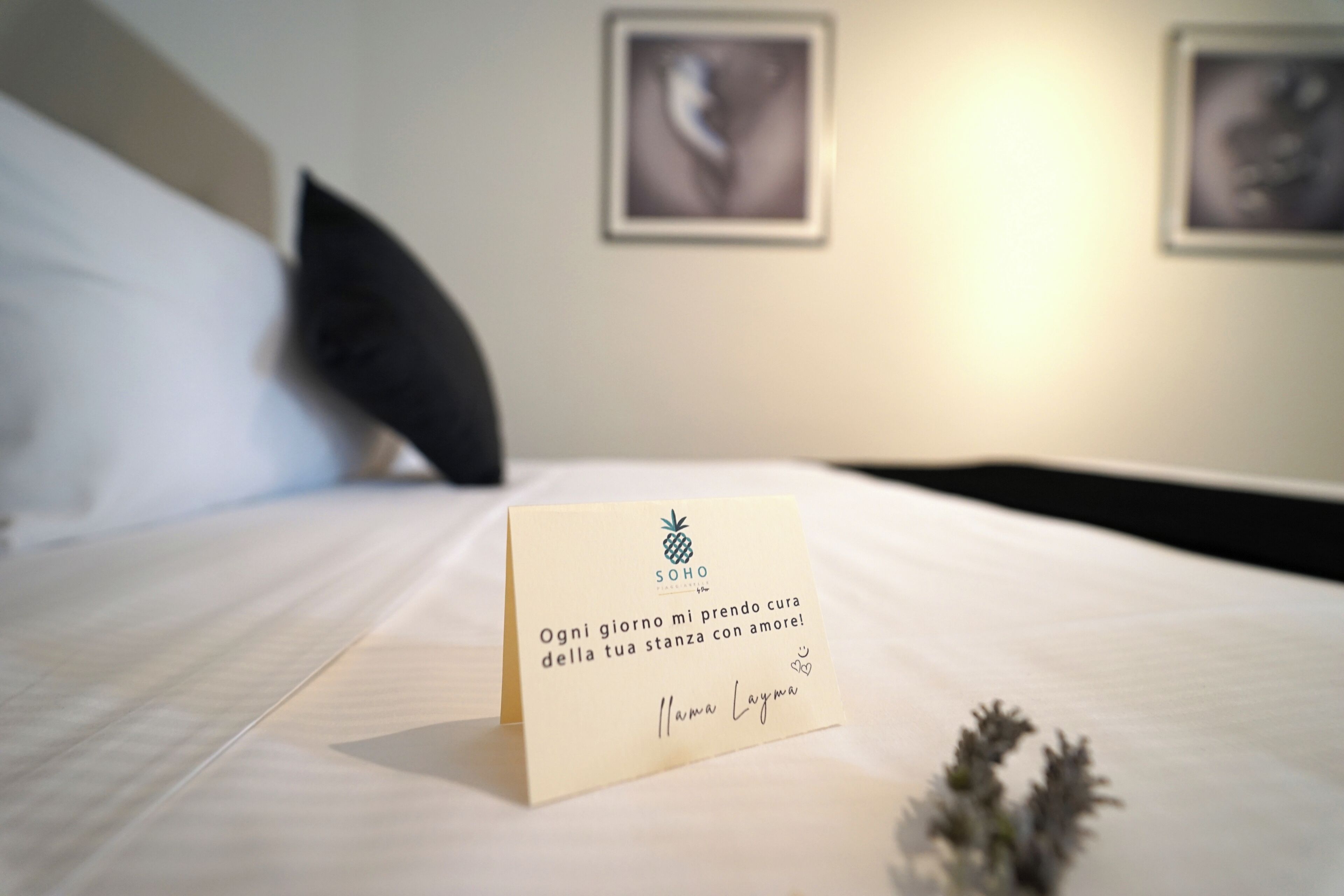 Un lit avec une étiquette nominative, un oreiller et deux tableaux encadrés accrochés au mur.