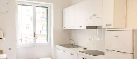 Basic Apartment | Private kitchen | Full-size fridge, microwave, dishwasher, cookware/dishes/utensils
