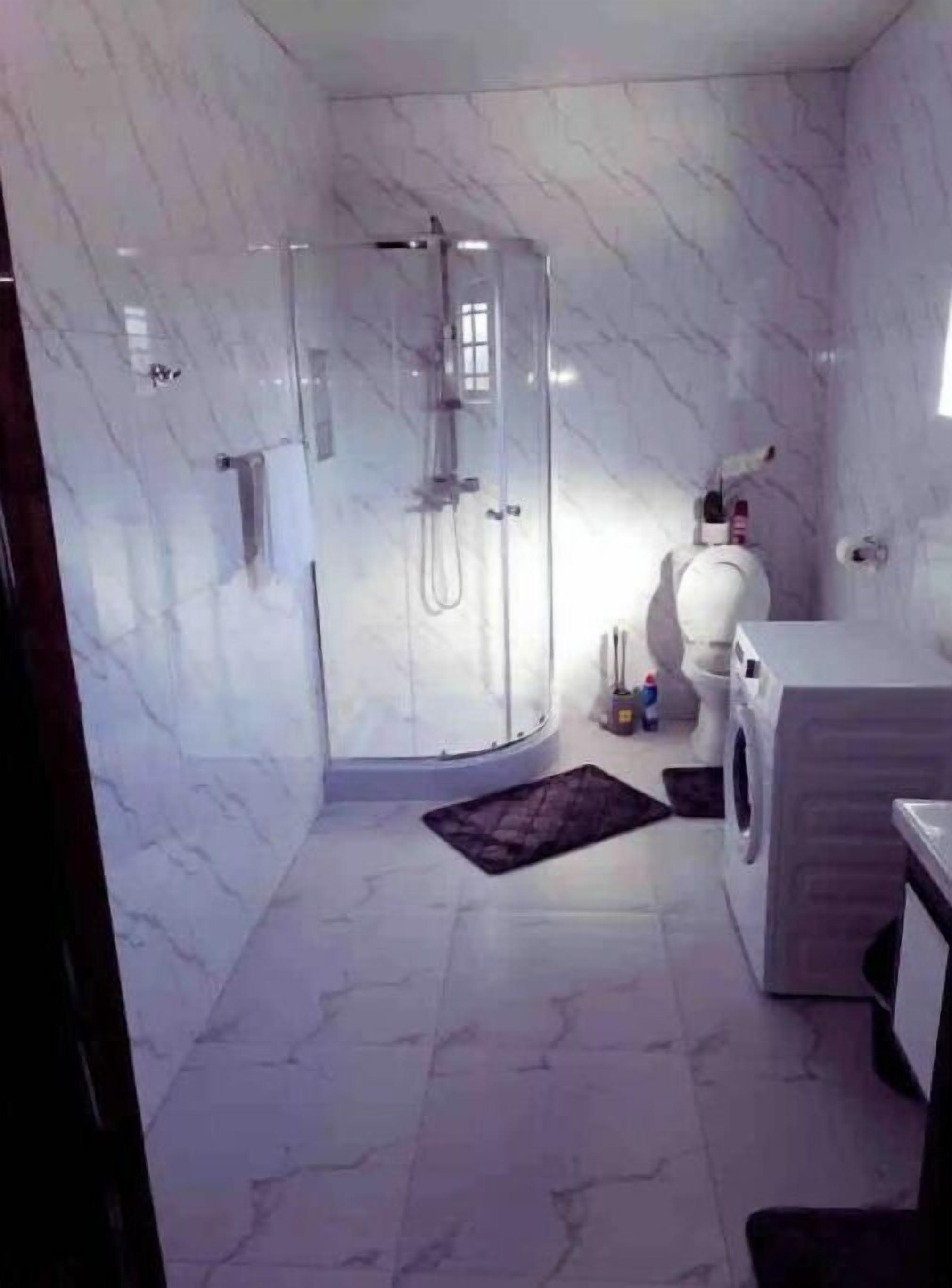 Shower, towels, soap, toilet paper