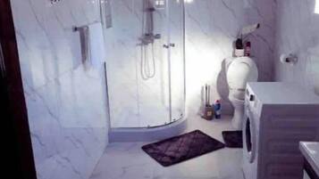 Shower, towels, soap, toilet paper