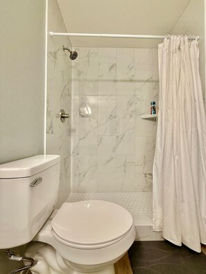 A bathroom with a toilet, shower, and a white curtain.