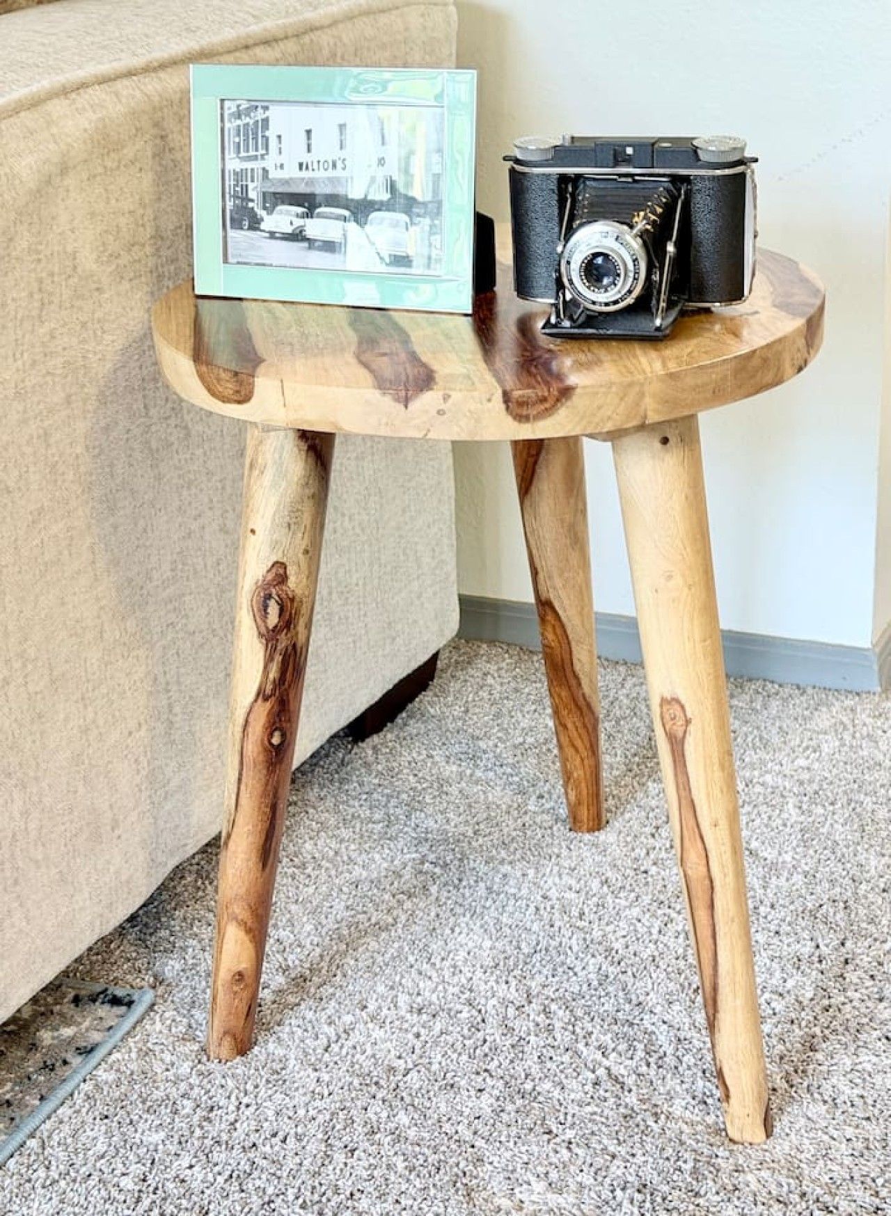 Une table en bois sur laquelle sont posés un appareil photo ancien et un tableau encadré.