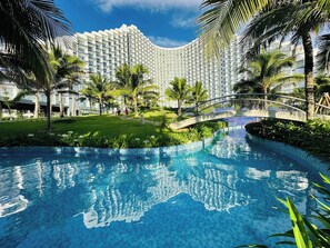 2 outdoor pools, sun loungers, lifeguards on site