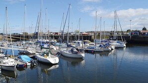 Un port de plaisance où sont amarrés différents types de bateaux, avec une eau calme et un ciel dégagé.