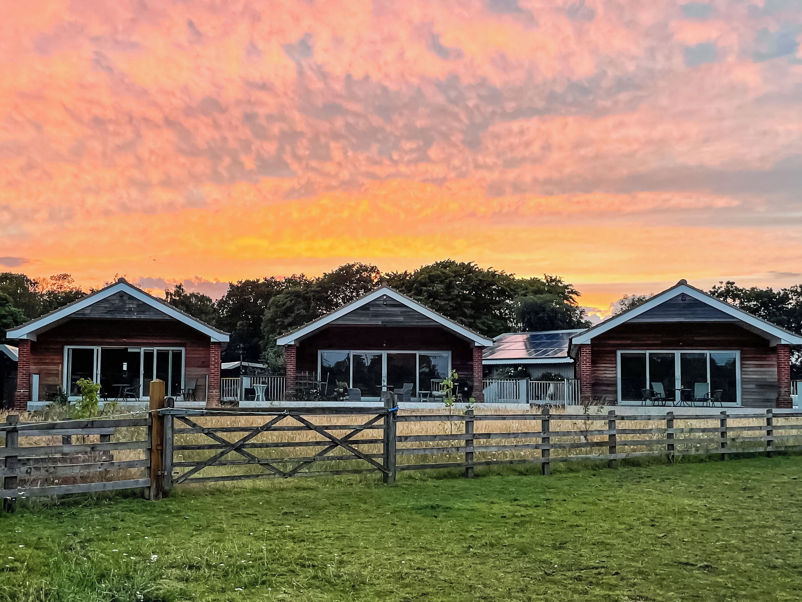 A row of three wooden cabins with large windows, a wooden fence in front, and a grassy field.