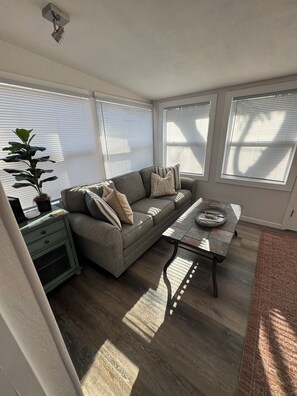A living room with a sofa, coffee table, and a plant.