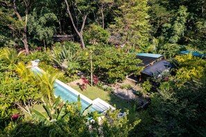 A pool area surrounded by lush greenery and multiple buildings with dark roofs. - Pájaros · Bright Jungle Cabin + Pool · Walk to Beach · Sleeps 3 (Cóbano)