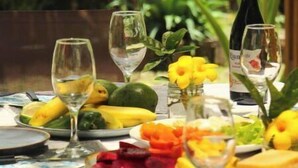 A table set with plates, glasses, and a bottle of wine, surrounded by tropical plants. - Feeling Trees Jungle Lodge- Casa Pájaros (Provincia de Puntarenas)