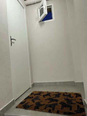 A corner room with a white door, a small window, and a patterned rug.