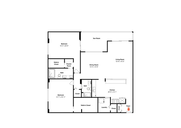 A floor plan of a house with a bedroom, sun room, living room, dining room, kitchen, bathroom, walk-in closet, powder room, and foyer. - Oceanfront Penthouse #11B by Distinctive Beach Rentals (Ormond Beach)