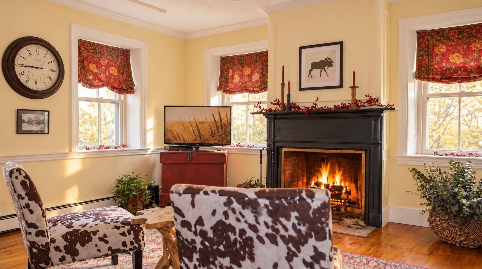 A cozy living room with a fireplace, a television, and a clock on the wall.