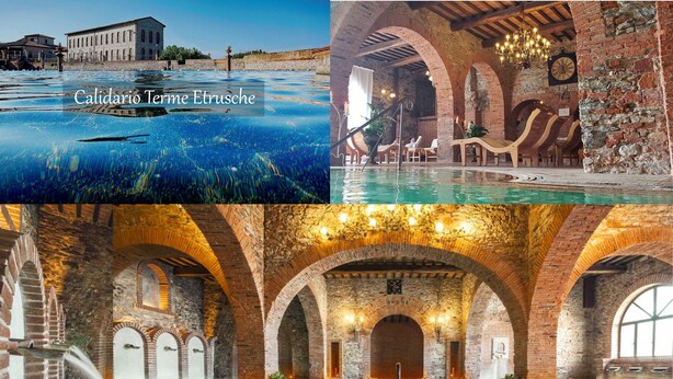 Un hotel con piscina, area salotto interna e interni rustici caratterizzati da archi in mattoni.