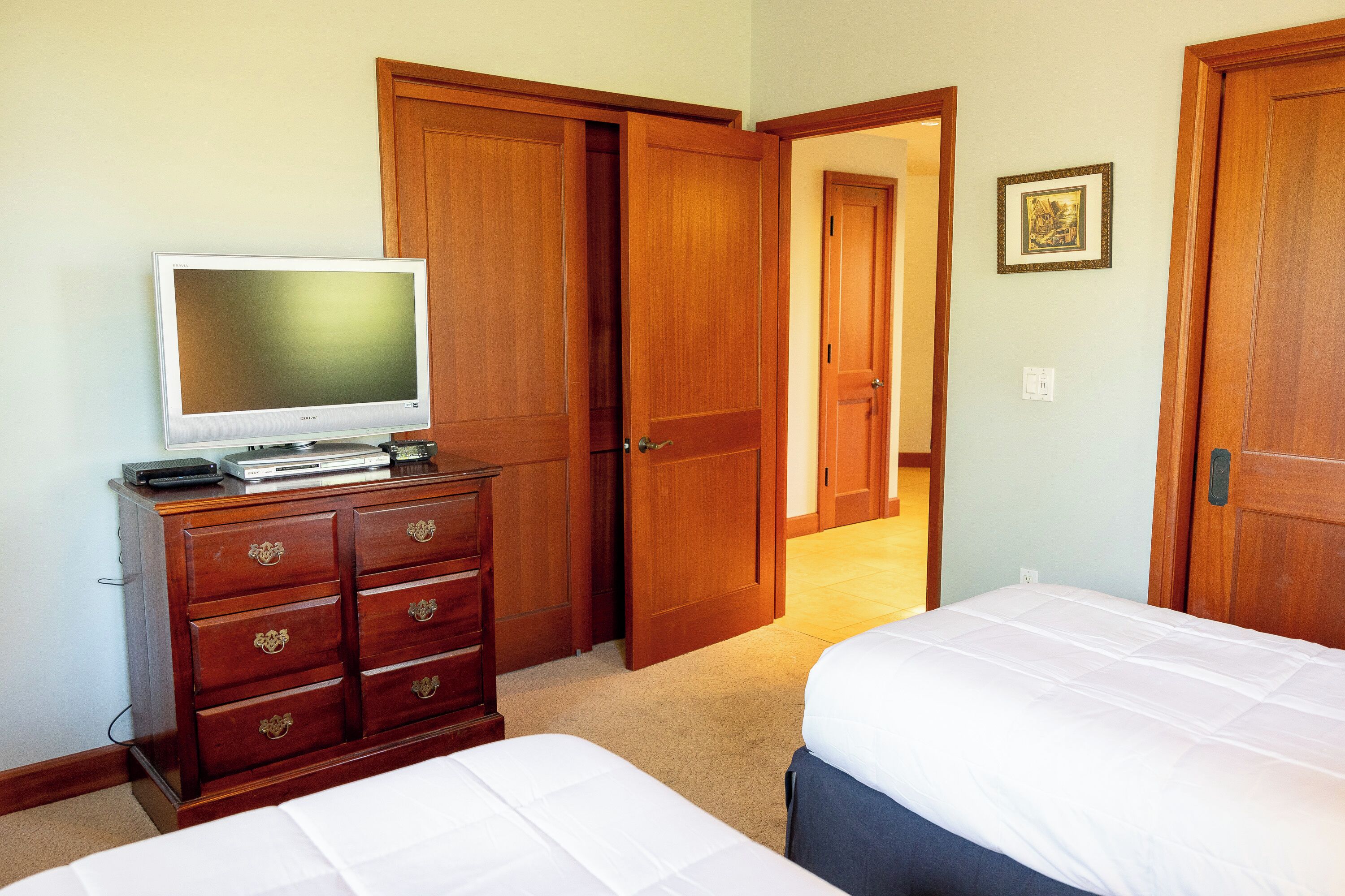 A bedroom with two beds, a dresser, a television, and wooden doors.