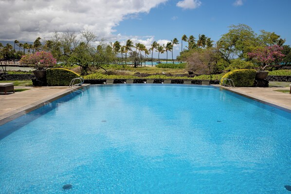 A clear blue swimming pool with a view of the beach and palm trees in the background. - Kolea - Walk to Beach with Pool Access (Waikoloa)