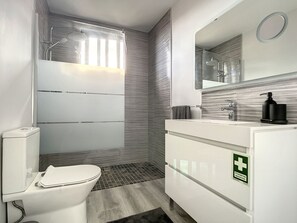 Shower, hair dryer, towels