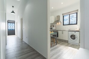 A modern kitchen with a washing machine, a dining area with a table and chairs, and a view through a window.