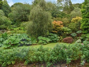 A lush garden with a variety of plants and trees, a stone wall, and a wooden pergola.