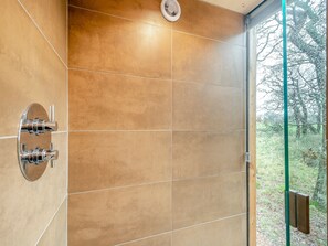 A bathroom with a glass shower enclosure, a wall-mounted faucet, and a view of a forest through the glass door.