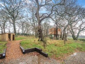Et træhus bygget ind i et stort træ, omgivet af et naturlandskab med en grusvej, der fører hen til det.