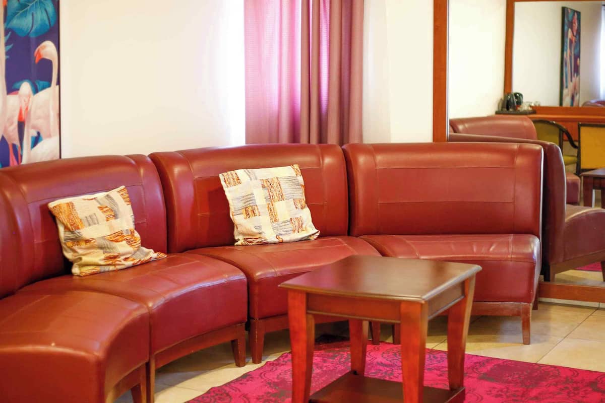 Un canapé en cuir marron agrémenté de deux coussins décoratifs à motifs, une table basse en bois et un tapis rouge à motifs.