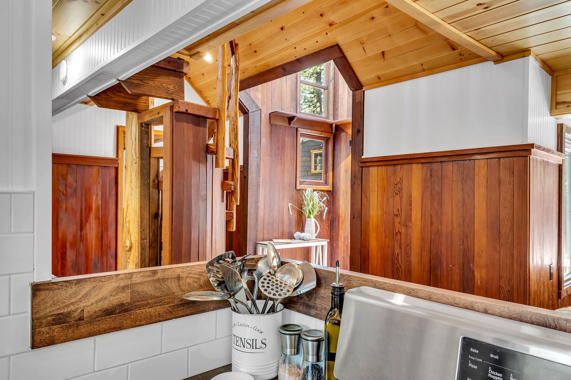 Kitchen pass-through with wood accents