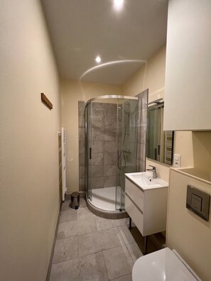 Shower, hair dryer, towels, toilet paper