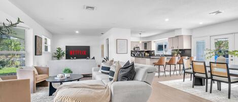 Smart TV, fireplace, books, stereo