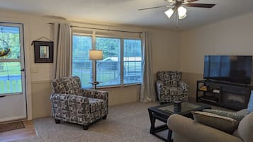 Smart TV, fireplace, books, stereo