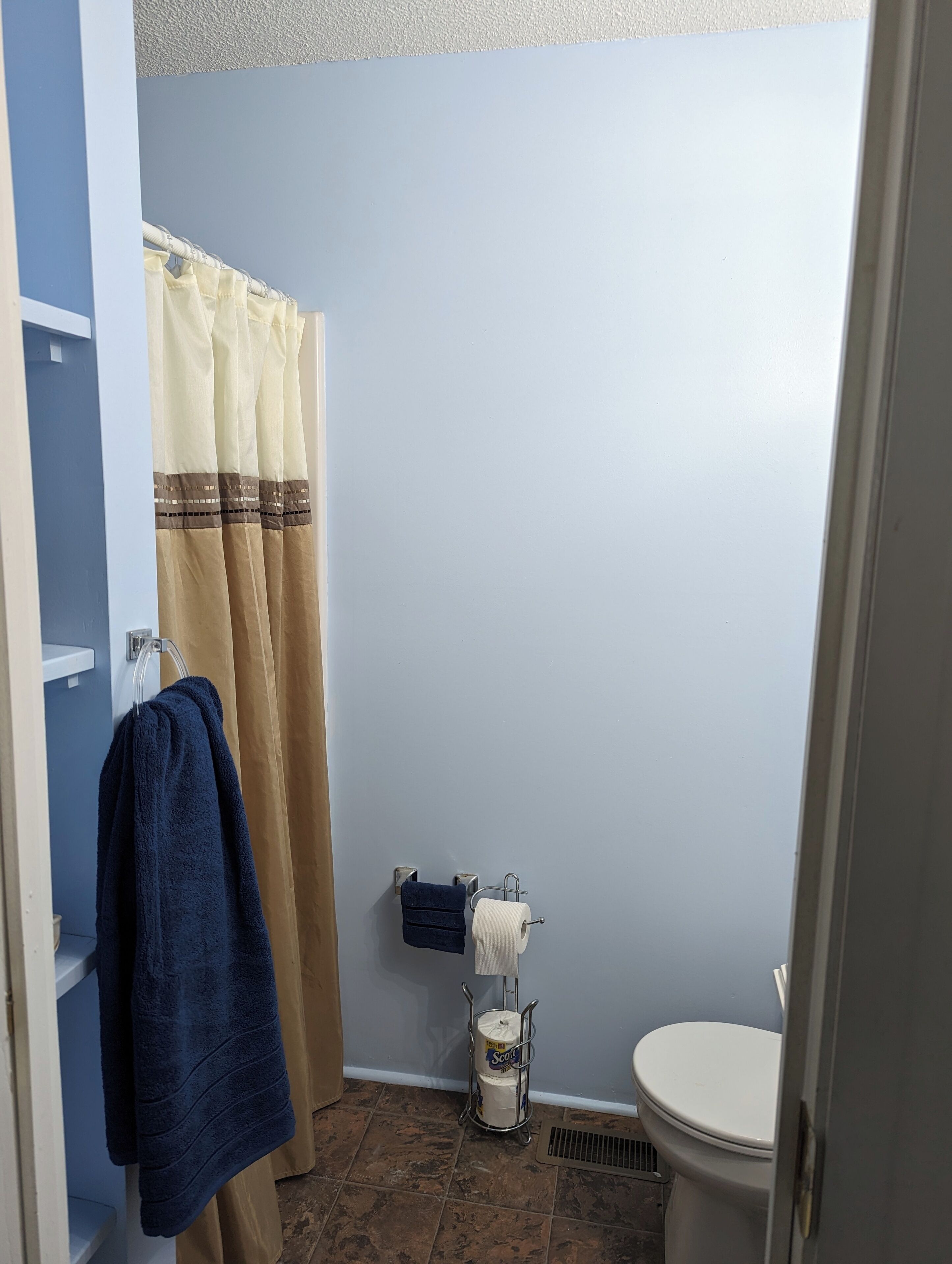 Une salle de bain avec un rideau de douche, un porte-serviettes avec une serviette, du papier toilette et des toilettes.