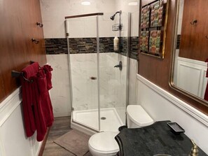 Dusche, Haartrockner, Handtücher, Seife