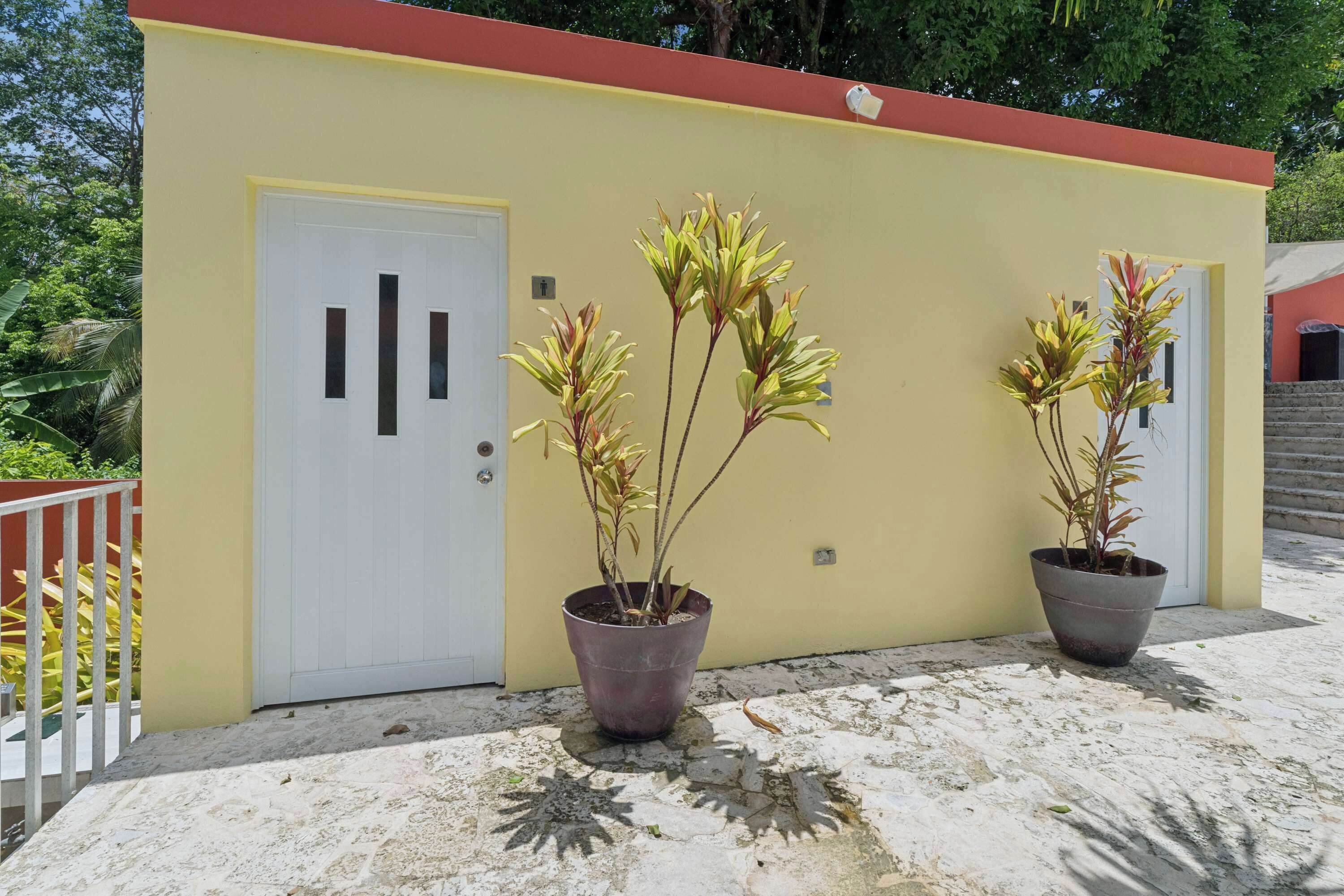 A building with a yellow exterior, a white door, and two potted plants in front.