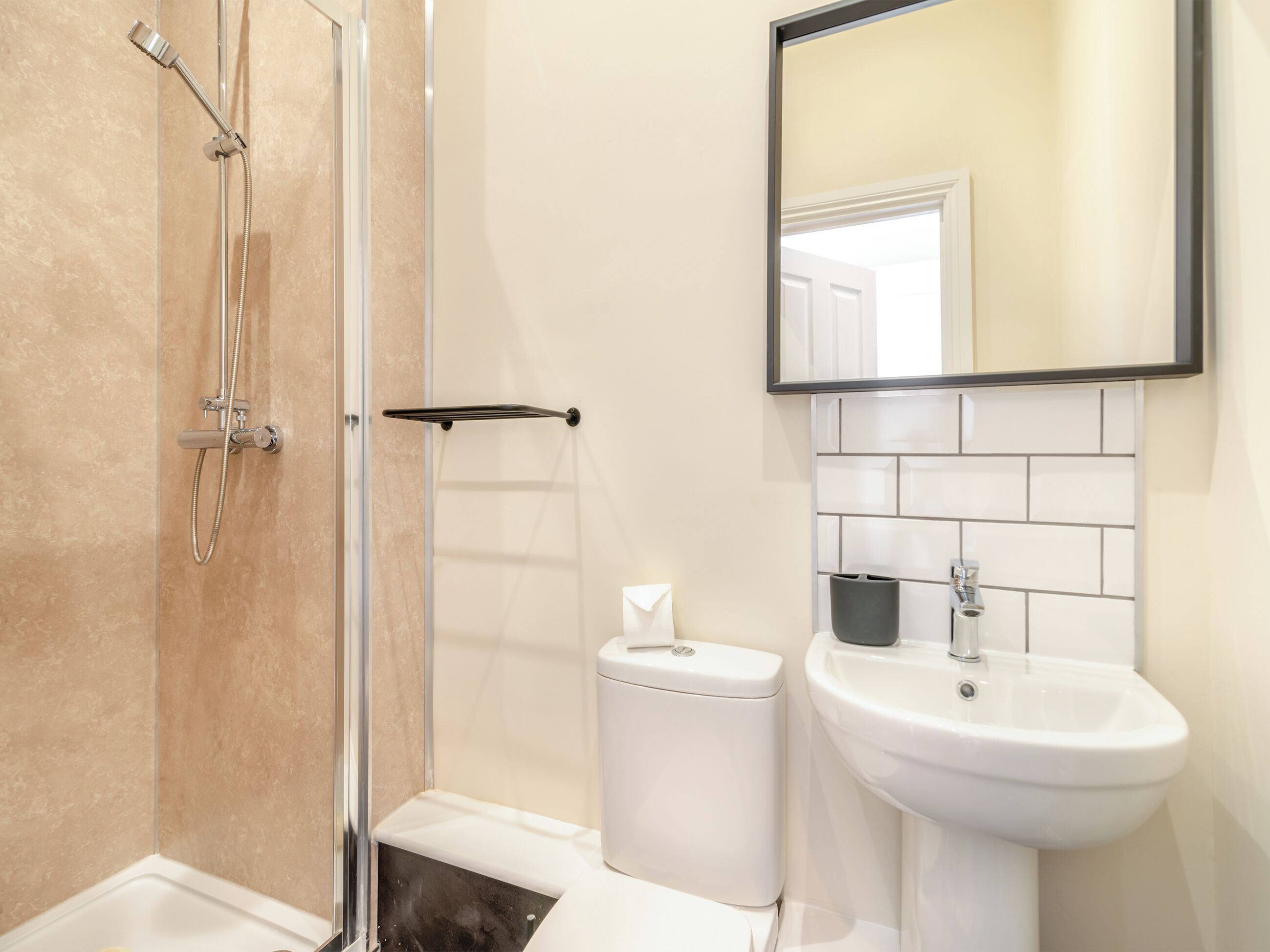 A modern bathroom with a glass shower enclosure, a white sink, and a mirror above the sink.