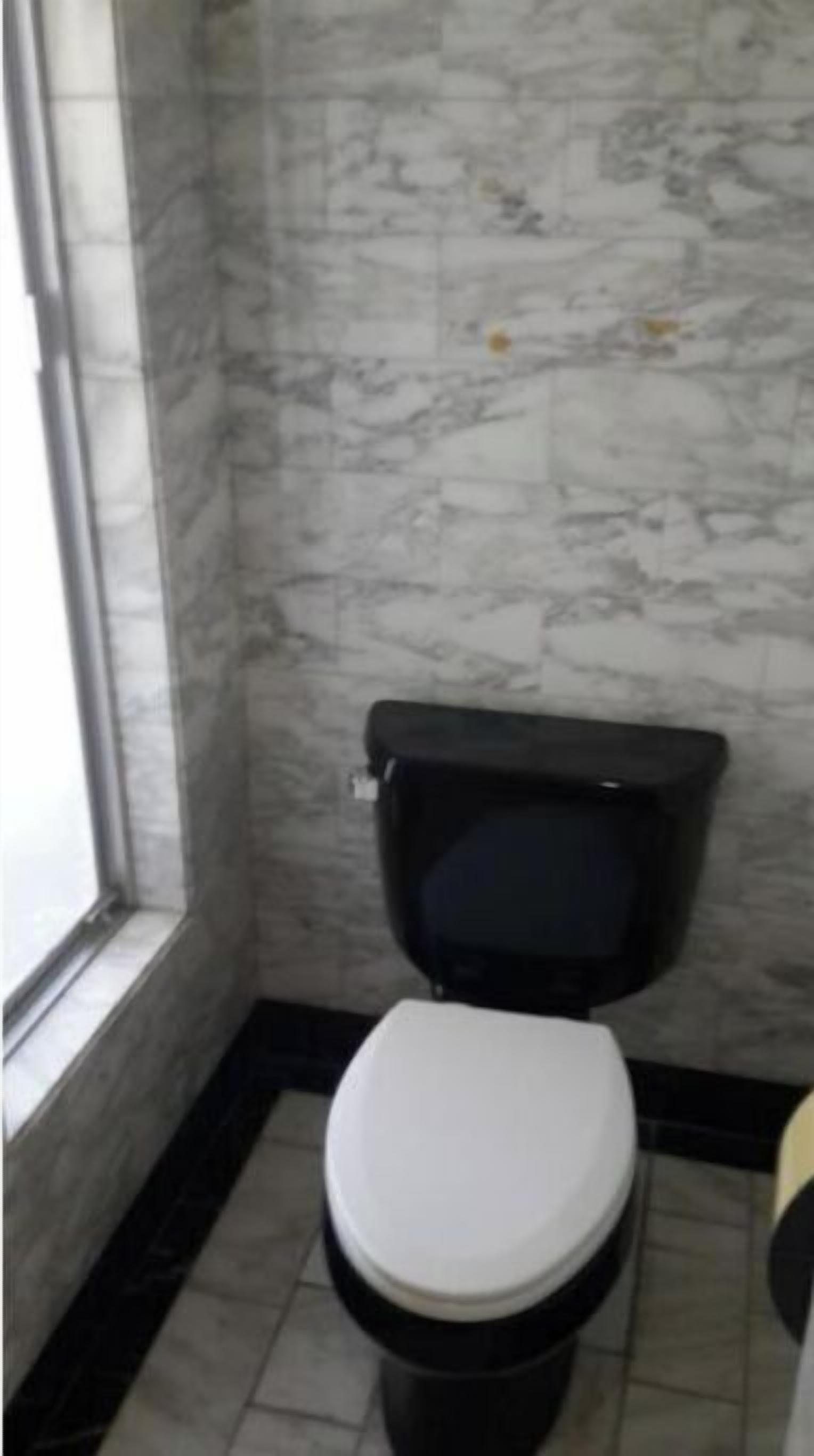 A bathroom with a toilet, marble walls, and a window.