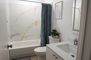 Hair dryer, towels, soap, shampoo