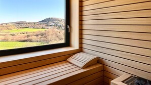 Eine Sauna mit einer Holzbank und einem Fenster mit Blick auf eine hügelige Landschaft.
