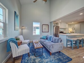 Smart TV, fireplace, books