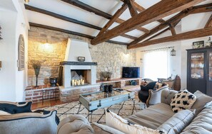 Télévision, cheminée, lecteur de DVD, chaîne hi-fi