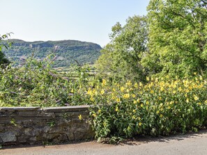 A stone wall with a view of a valley and mountains in the background. - 1 bedroom accommodation in Tremadog, near Porthmadog (Tremadog, near Porthmadog)