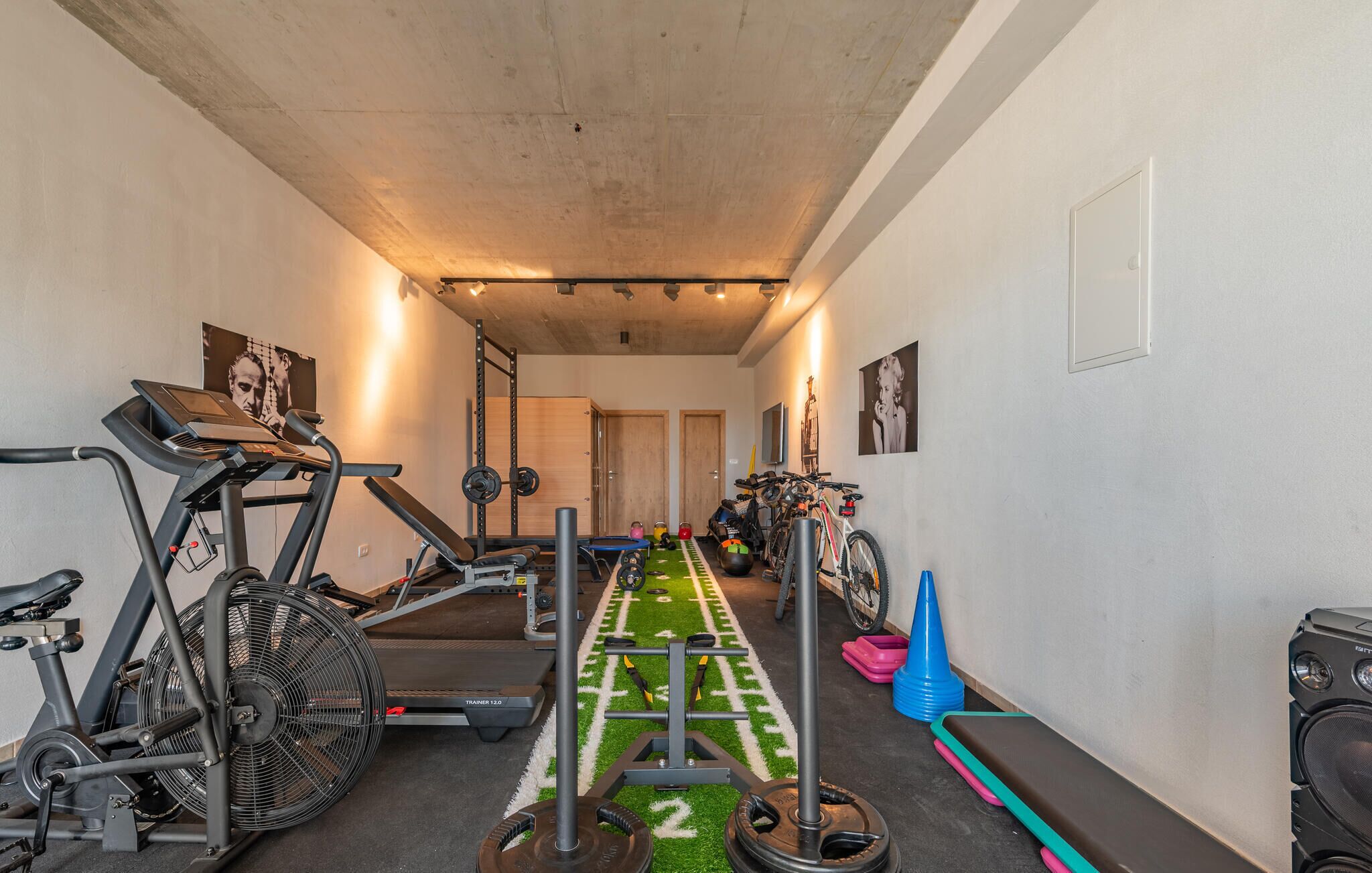 Une salle de sport à domicile équipée de tapis de course, d’un vélo d’appartement, de matériel de musculation et d’une piste de course en gazon synthétique.