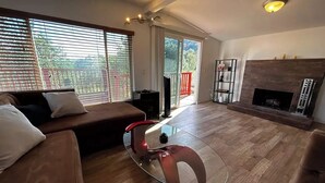 Una sala de estar con un sofá, una mesa de centro de vidrio, una chimenea y vistas a través de una puerta corrediza de cristal.