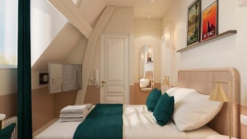 Ropa de cama de alta calidad y espacio para trabajar con laptop 