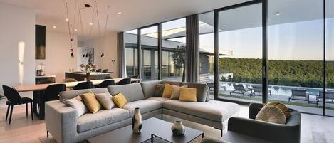 Televisión, chimenea, mesa de ping pong