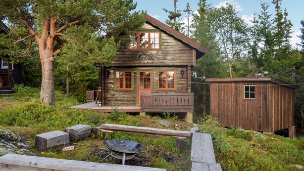 Un rustico chalet con veranda in legno, un piccolo deposito e un'area con un fuoco.