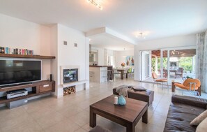 Een televisie, een open haard, een dvd-speler en een tafeltennistafel