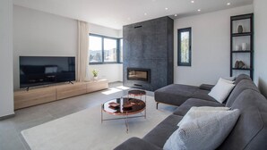 Una sala de estar moderna con un televisor de pantalla plana, una chimenea, un sofá gris y una mesa de centro.