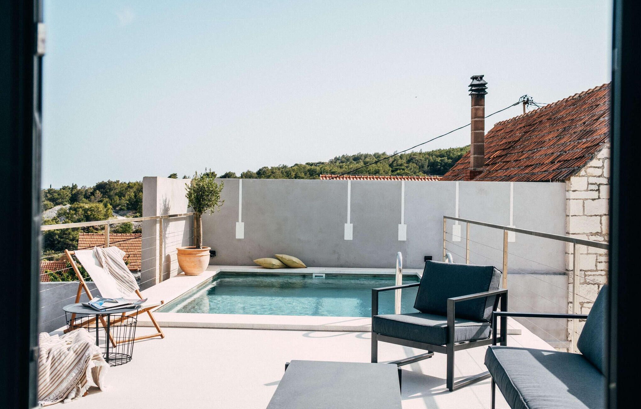 A rooftop pool area with a view of a forested hillside, a potted plant, and a stone wall.