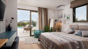 A modern bedroom with a large bed, a desk, and a view of a pool through a sliding glass door. - Nice home in Smokovic (Smokovic)