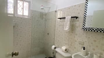 Regadera, regadera tipo lluvia, secadora de cabello, toallas