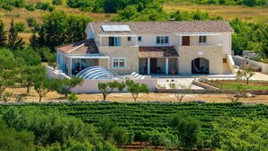 Ein zweistöckiges Haus mit Ziegeldach, einer überdachten Terrasse und einem Weinberg im Vordergrund.