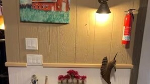 A white wooden bench with a shelf, a small sculpture, and a vase of flowers. - The Wild West's Best Kept Secret  (Hurricane)